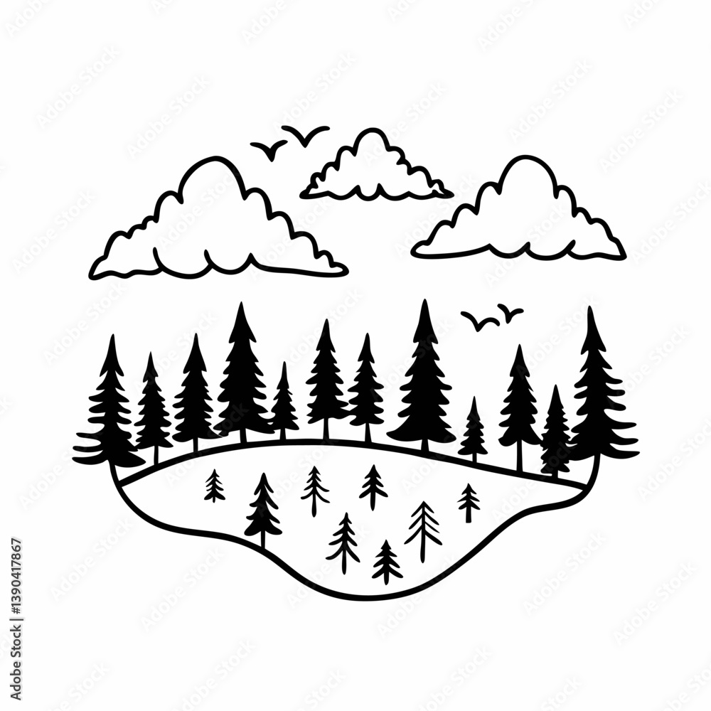 Obraz premium Minimalist Black and White Forest Landscape with Trees and Clouds
