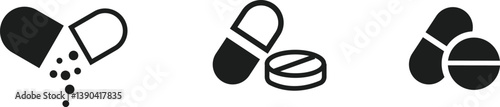 Set of pills vector icons set. Tablet or capsule on white background. Medicaments icon. Antibiotic or vitamin. vector editable.