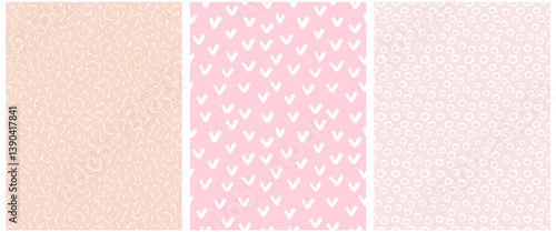 Abstract Hand Drawn Childish Vector Pattern Set. White Circles, Lines and Arcs on a Coral and Pastel Pink Background. Modern Geometric Seamless Pattern. Irregular Freehand Abstract Doodle Print. 