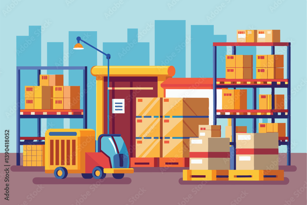 Fototapeta premium A forklift is moving pallets of cardboard boxes in a warehouse. The warehouse has several shelves with boxes stacked on them.