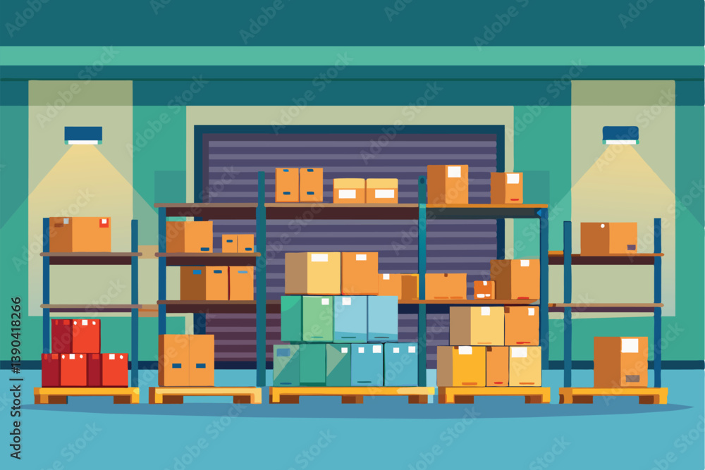 An illustration of a warehouse interior with several shelves stocked with cardboard boxes.