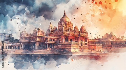 Shri Ram Mandir temple surrounded by peaceful watercolor landscape image