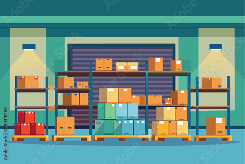 Obraz na płótnie An illustration of a warehouse interior with several shelves stocked with cardboard boxes. w salonie