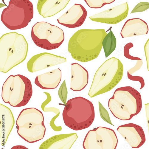 Vector seamless pattern with pears and apples on white background