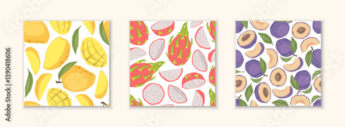 Set of vector seamless patterns with dragon fruits, plums and mangos