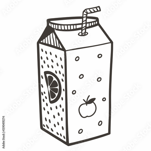 Hand Drawn Juice Box Illustration with Fruit Motif and Straw Design