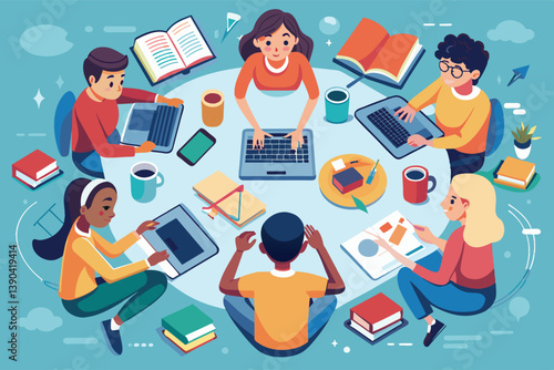 A group of diverse students, both male and female, work on laptops and books around a table, collaboratively learning or working on a project.