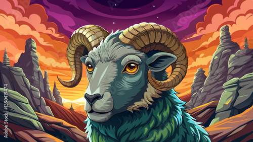Sheep portrait on an alien rock formation under a strange colored sky, animal banner