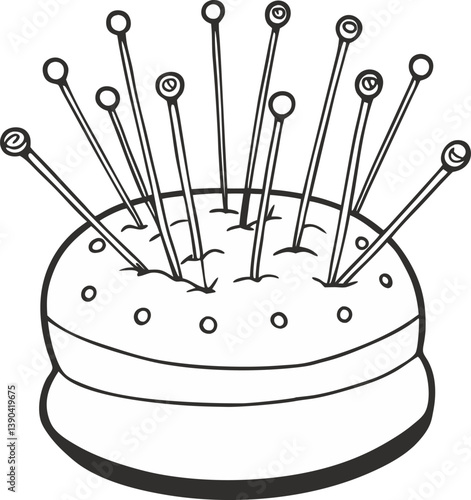 Monochrome Sewing Pin Cushion with Pins  Illustration for Craft and DIY Design