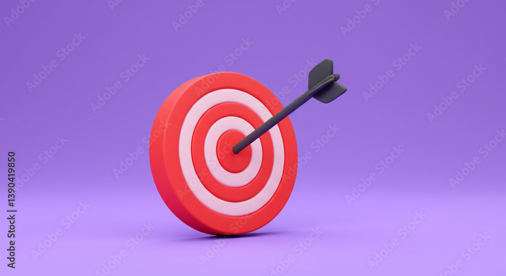 A red target bullseye perfectly hit by a dark arrow symbolizing achievement and success against a subtle purple backdrop. A red target bullseye perfectly hit by a dark arrow symbolizing achievement and success against a subtle purple backdrop.