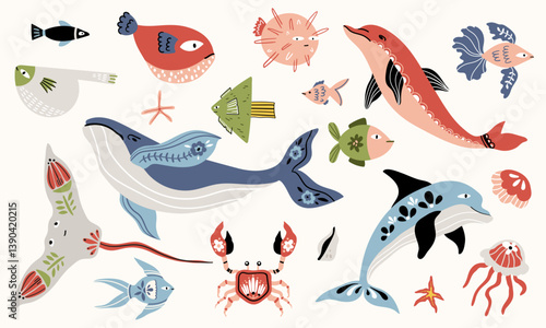 Folk hygge ocean clip arts, hand drawn vector set in Scandinavian Nordic style, isolated on white. Collection of classic ethnic elements. The scandi folk motifs - fishes, flowers, and sea animals