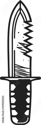 Illustration of a serrated knife black and white dagger with sharp edge and patterned handle