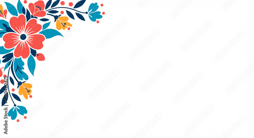 Elegant floral corner design with red, yellow, and blue flowers on a white background, creating a fresh and vibrant decorative element. Elegant floral corner design with red, yellow, and blue flowers on a white background, creating a fresh and vibrant decorative element.