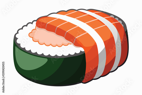 A single sushi roll with salmon, white rice, and nori seaweed, isolated on a white background.