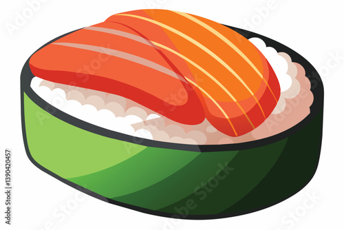 A single piece of salmon maki sushi, with green seaweed wrapping, white rice, and a single slice of salmon on top, isolated on a white background.