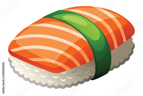 A single piece of sushi with a salmon topping, white rice, and a green nori wrap.