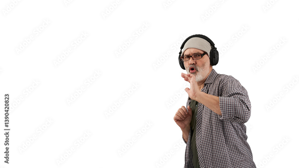 An adult gray-haired and gray-bearded man listening to music on headphones. Png.