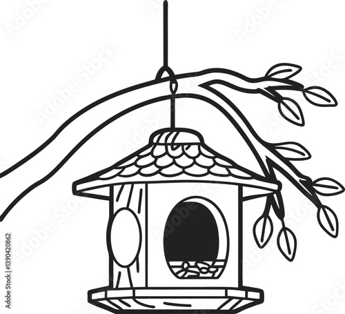 Hanging birdhouse on tree branch, nature and wildlife shelter illustration