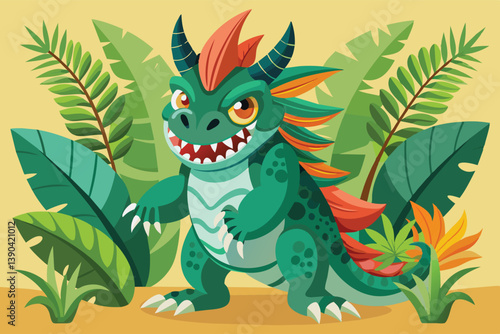A green dragon with orange horns and a red crest stands in a jungle with large green leaves. The dragon has a friendly expression and is smiling with its teeth showing.