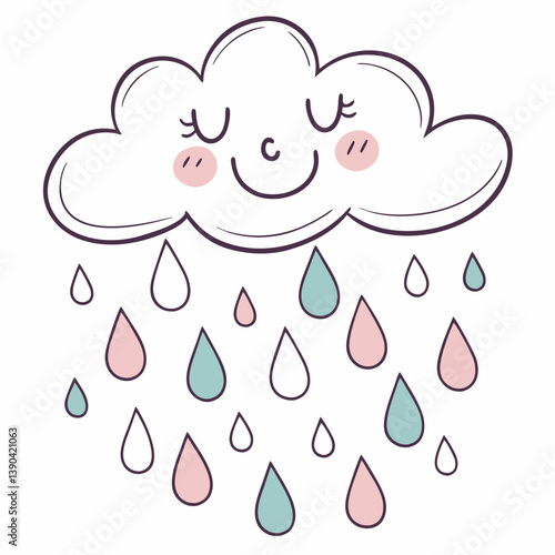 Cute cartoon cloud raining with smiling face and pastel raindrops