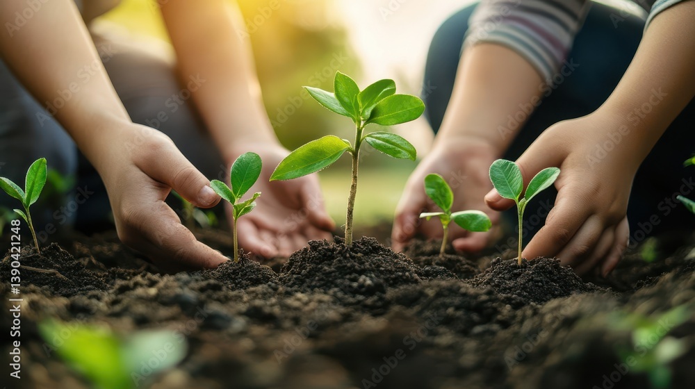 Two pairs of hands planting green plants in rich brown soil Two pairs of hands planting green plants in rich brown soil