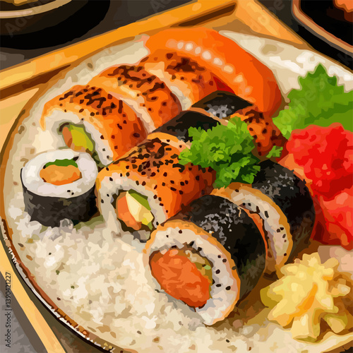 illustration of Traditional Japanese Cuisine Sushi