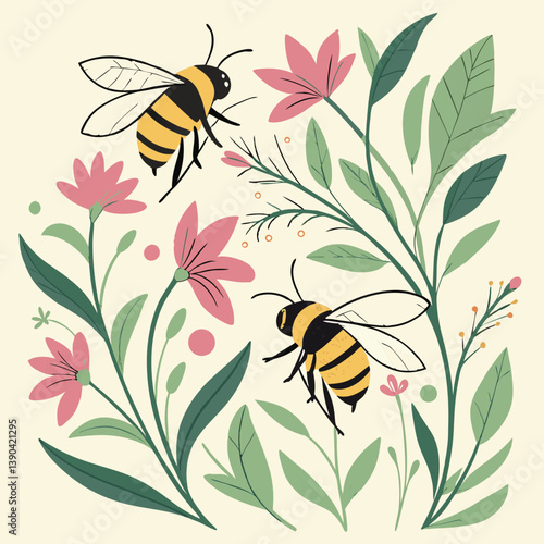 Watercolor bees with soft strokes and botanical background