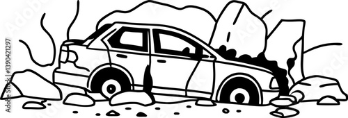 Car accident illustration damaged vehicle, rocks, debris road hazard, crash, safety concern, line art