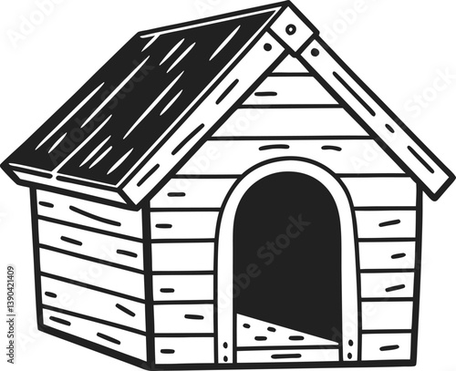 wooden doghouse illustration, rustic shelter design pet home architecture, isolated black and white, vintage