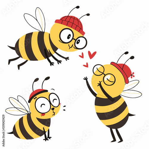 Funny bee characters with different expressions and poses