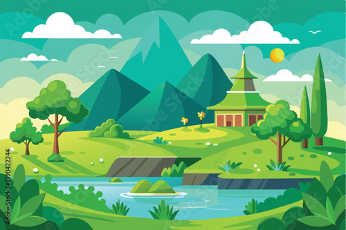 A serene, cartoon-style illustration depicting a picturesque mountain landscape with a green pagoda, a winding river, and lush trees.
