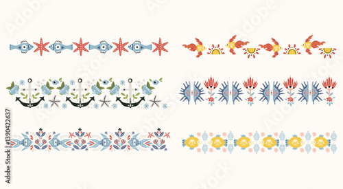 Folk ocean scandi seamless borders set - fishes, flowers, branches in scandinavian hygge style, ethnic floral sea motifs on background for wrapping, textile, digital or scrapbook paper or invitation