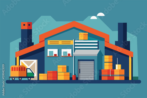 An image of a big warehouse with boxes, a truck, an orange roof, garage door, windows, and stacks of boxes inside and outside.