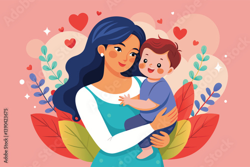 Illustration of a mother holding her baby boy surrounded by loving hearts, ideal for celebrating Mothers Day or any occasion that honors their special bond.