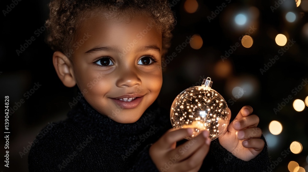 Naklejka premium A joyful child holds a lit Christmas ornament. Close-up of a young boy, smiling warmly, gazing at a translucent, glowing Christmas sphere. Soft, warm light highlights his face and the ornament.