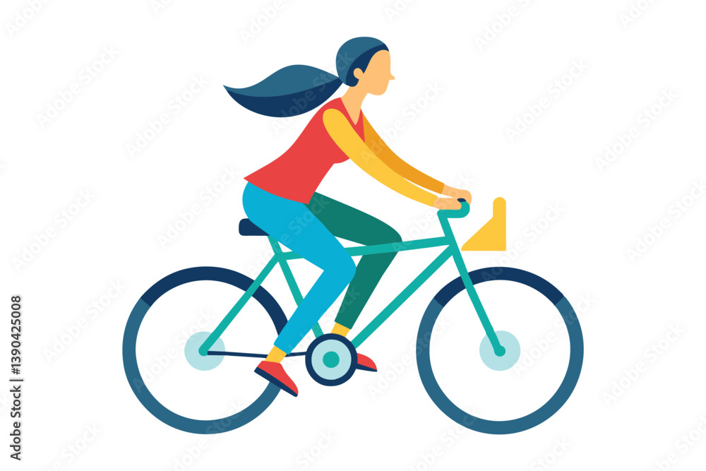A woman with long black hair rides a teal bicycle with yellow accents. She is wearing a red shirt and blue pants. The sun is shining and the sky is blue. A woman with long black hair rides a teal bicycle with yellow accents. She is wearing a red shirt and blue pants. The sun is shining and the sky is blue.