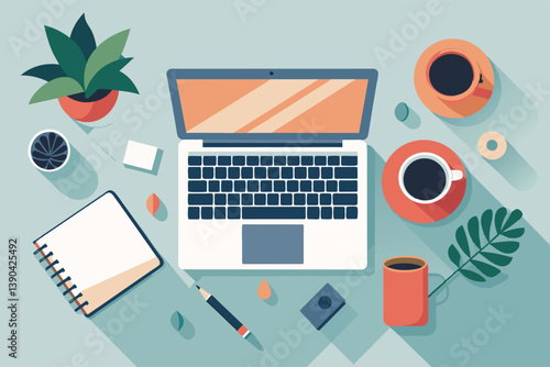 A top-down flat lay illustration of a minimalist workspace featuring a laptop, notebook, pencil, coffee cups, and plant.