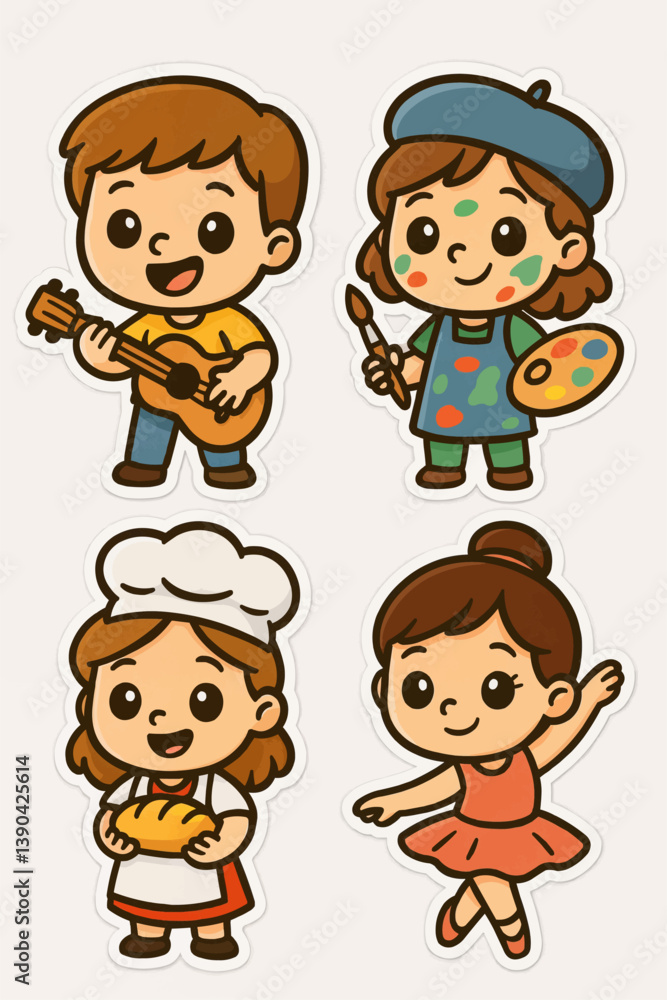 Adorable cartoon illustration featuring four children representing different roles: musician, painter, chef and ballerina, all smiling and friendly, perfect for children’s designs and creative project Adorable cartoon illustration featuring four children representing different roles: musician, painter, chef and ballerina, all smiling and friendly, perfect for children’s designs and creative project