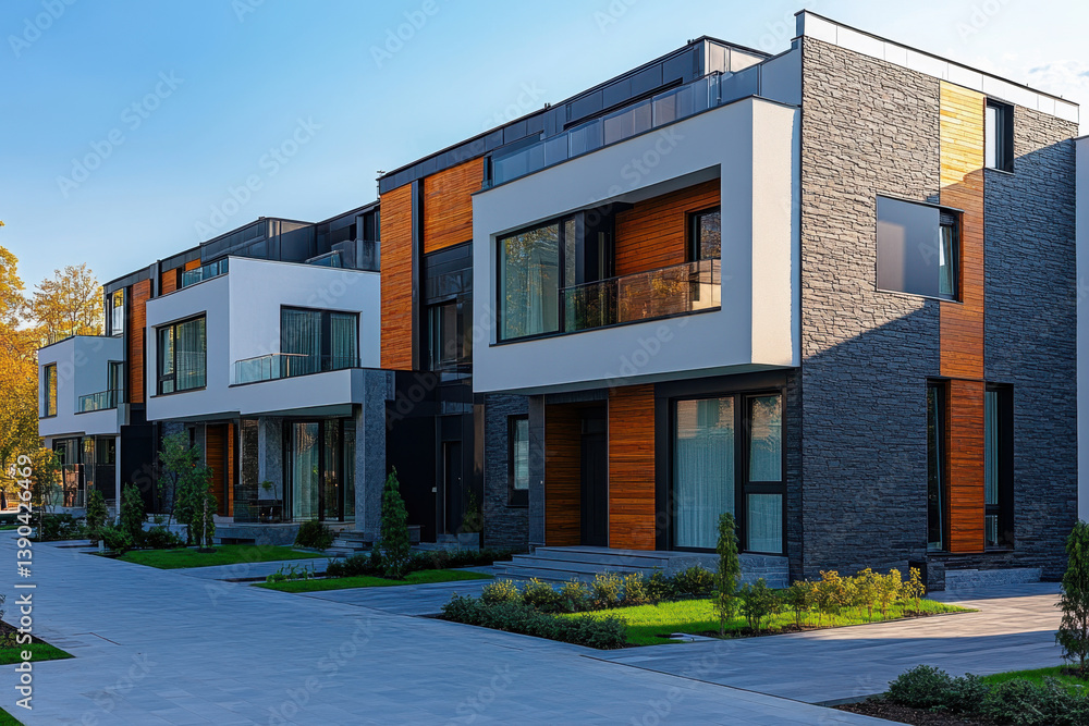 Modern homes in the suburbs of Toronto with manicured lawns, diverse architecture, and tree-lined streets under a clear blue sky. Modern homes in the suburbs of Toronto with manicured lawns, diverse architecture, and tree-lined streets under a clear blue sky.