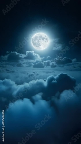 Seamless 3D Animation of Moon Rising Over Infinite Clouds with Soft Glow