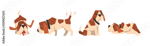 Funny Spaniel Dog and Purebred Puppy Vector Set