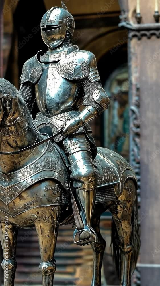 Knight in shining armor riding a majestic horse at a historical monument in a medieval setting during daylight Knight in shining armor riding a majestic horse at a historical monument in a medieval setting during daylight