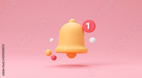 A playful pastel bell announces one new notification, floating gently against a soft pink backdrop with vibrant little spheres.