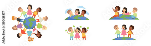 Multicultural Little Kids with Earth Globe Together Vector Set