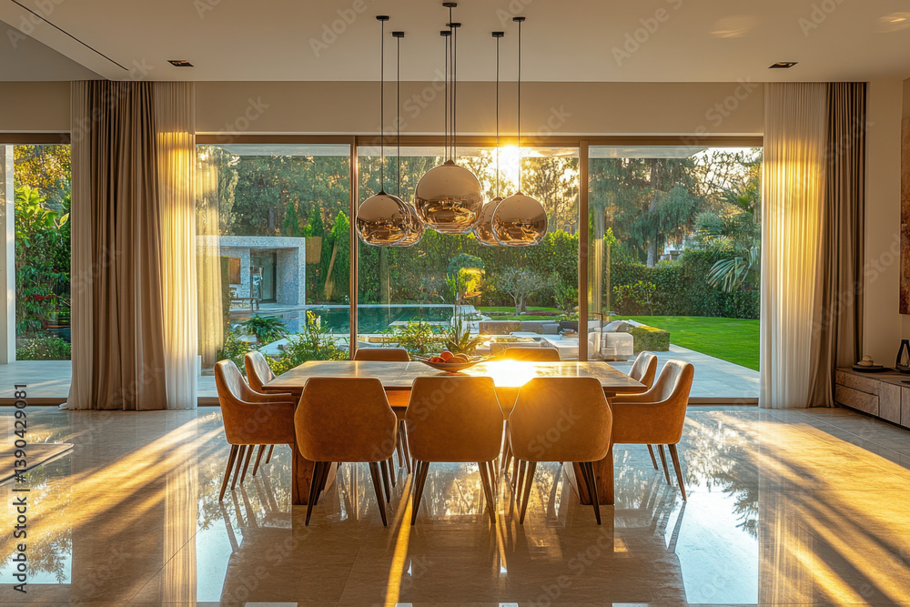 custom made wallpaper toronto digitalLarge dining room with expansive glass window overlooking lush garden. Elegant wooden table set for a formal dinner, bathed in warm sunlight.