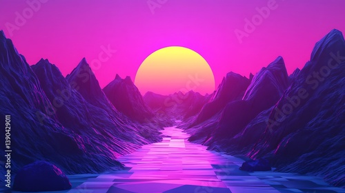 Synthwave sunset over polygonal mountains and river.
