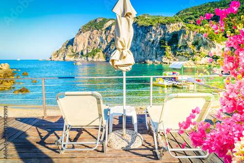 Fototapeta Naklejka Na Ścianę i Meble -  Paleokastritsa beach and Ionian sea on Korfu, Greece