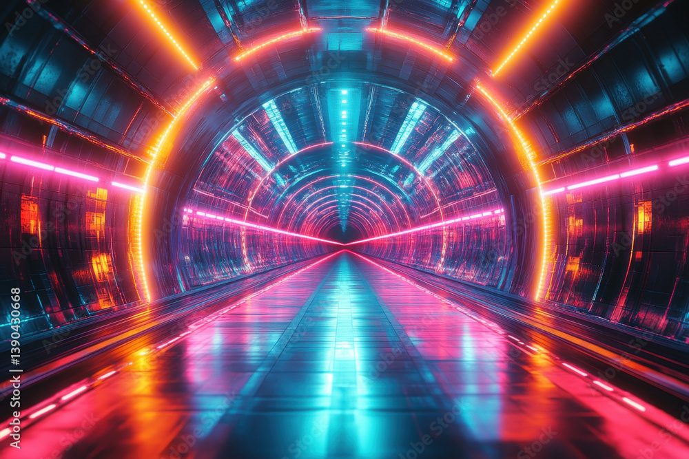 Neon-lit tunnel: vibrant lights reflecting off curved walls, creating a futuristic and immersive atmosphere with a sense of motion and energy. Neon-lit tunnel: vibrant lights reflecting off curved walls, creating a futuristic and immersive atmosphere with a sense of motion and energy.