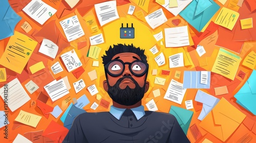 A stressed businessman overwhelmed by paperwork and notifications, illustrating the chaos of modern work life.