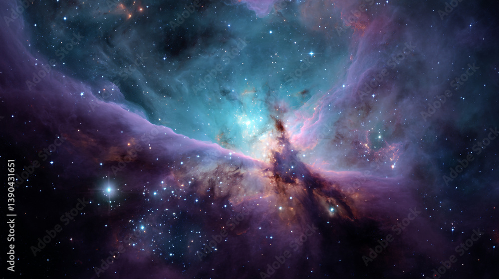 Fototapeta premium A vibrant nebula with swirling clouds of blue purple and pink amidst a field of twinkling stars